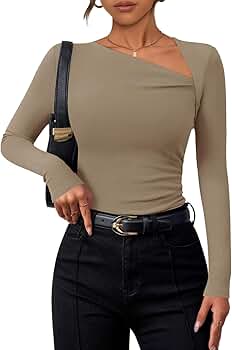 ZESICA Women's Long Sleeve Tops 2026 Fall Asymmetrical Neck Slim